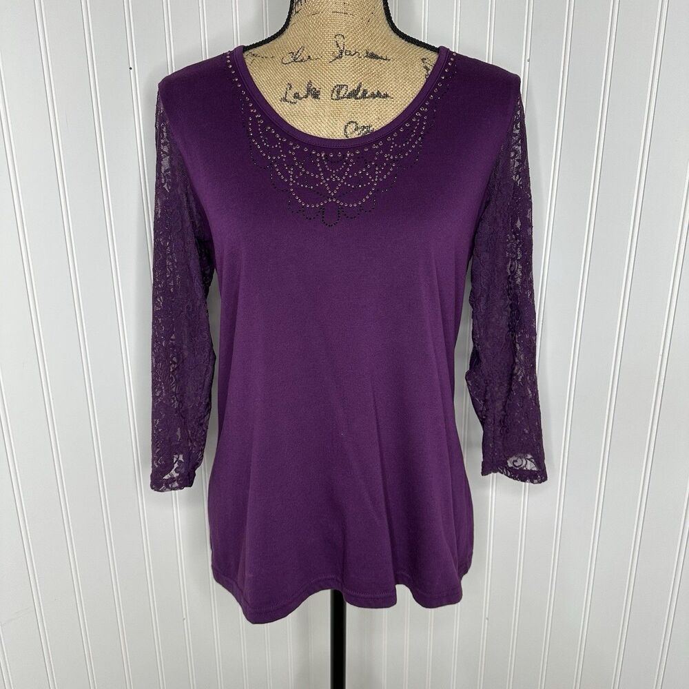 Y2K Stretch Top Sz M?‎ Purple Sheer Floral Lace Embellished Neckline Fairy Boho - Picture 12 of 13